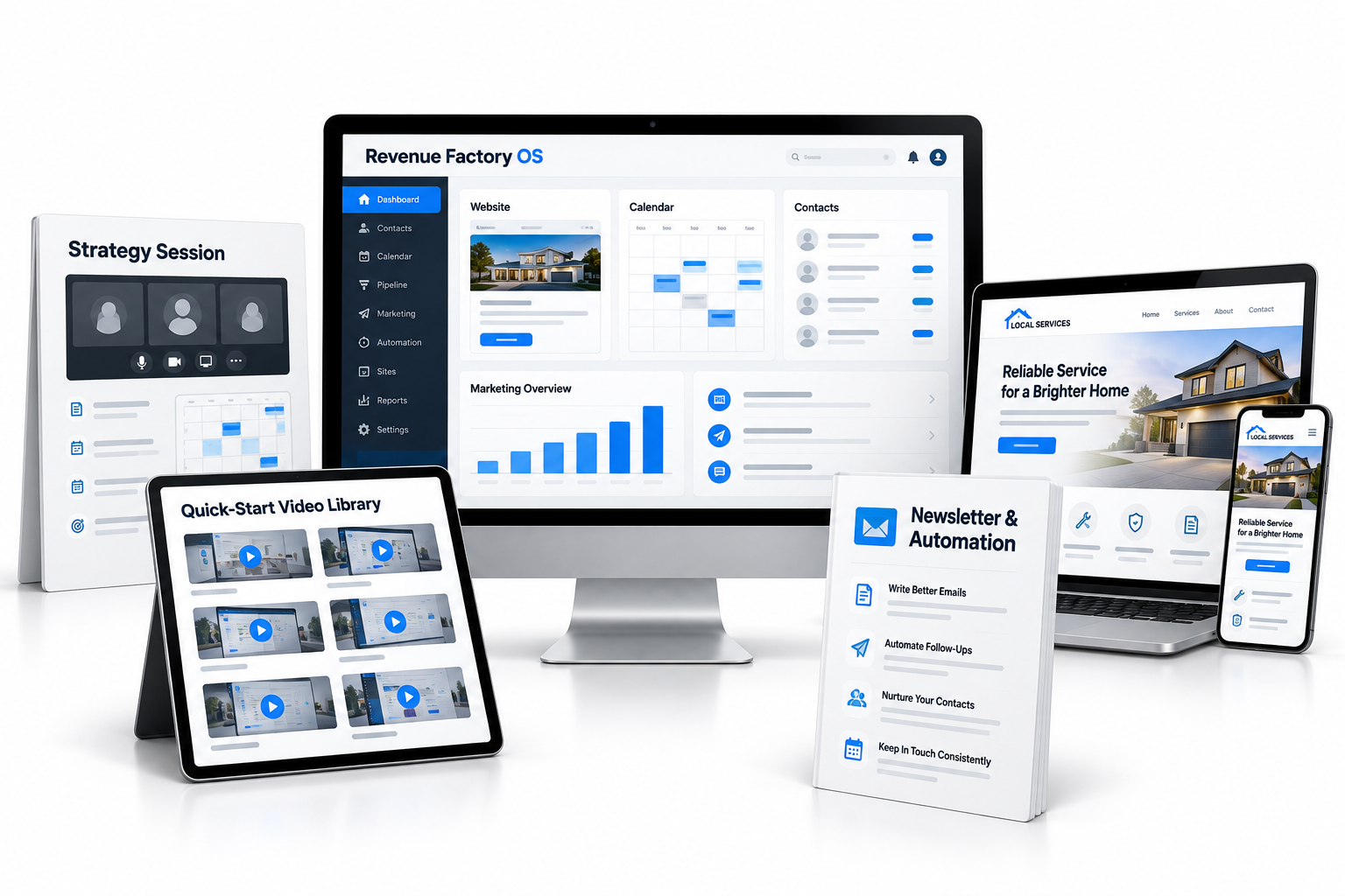 Illustrative digital bundle showing the Revenue Factory platform, strategy session, video library, automation tips, and template website rebuild.