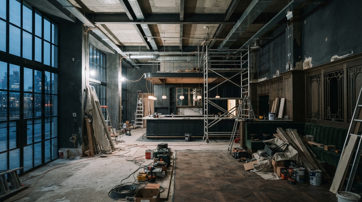 Atmospheric interior of a modern event venue under renovation, mid-transformation