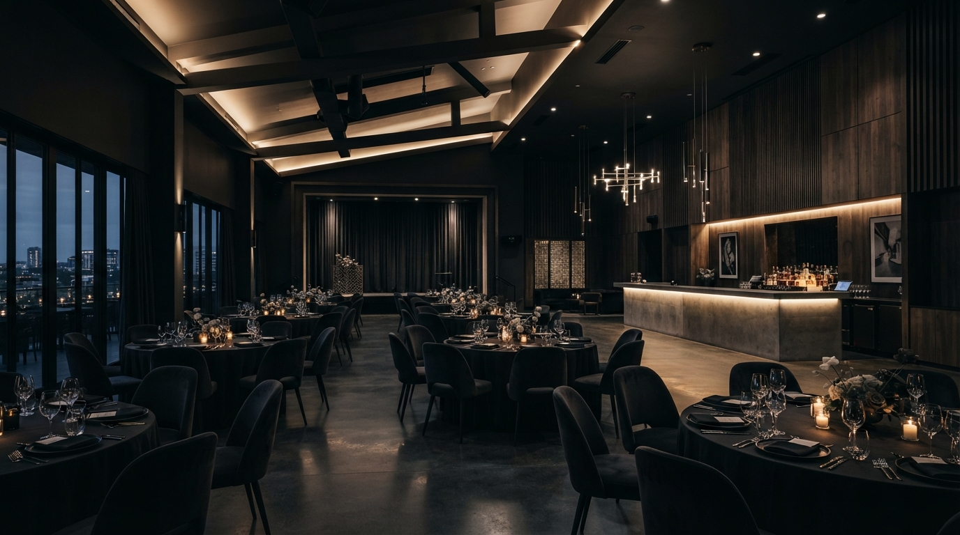 Refined modern event venue interior with warm architectural lighting