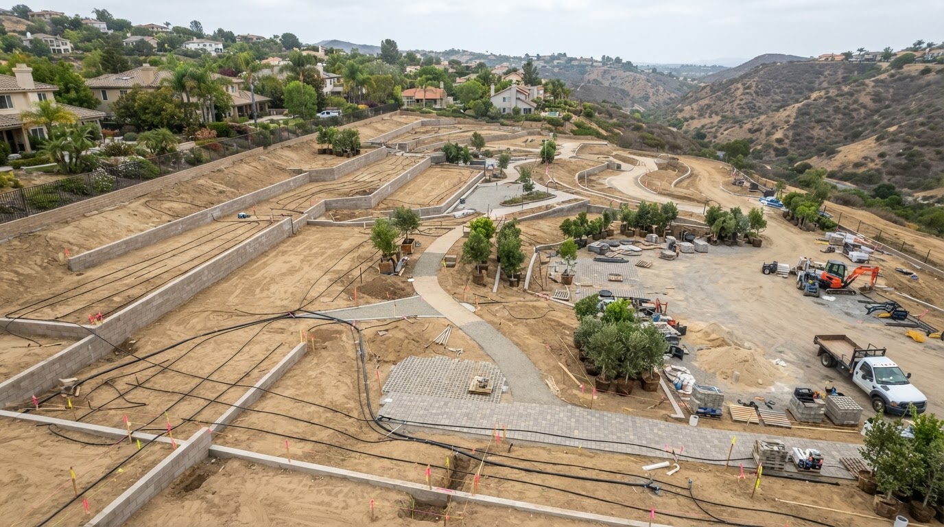 Landscape construction site in progress with graded earth, irrigation lines, and hardscape paving in Southern California