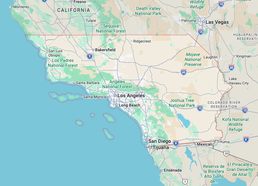 Map of Southern California showing service area — Orange County, Los Angeles County, Inland Empire, and San Diego County served by Arroyo Sitework Consulting