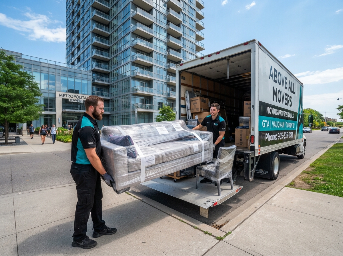Job-Haul movers loading wrapped furniture into a truck outside a Vaughan apartment building