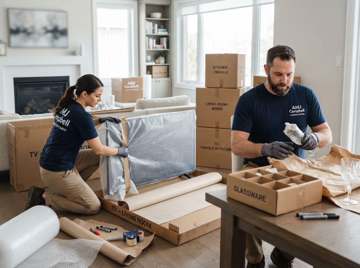 Job-Haul packers wrapping a flat-screen TV and electronics with bubble wrap in Vaughan