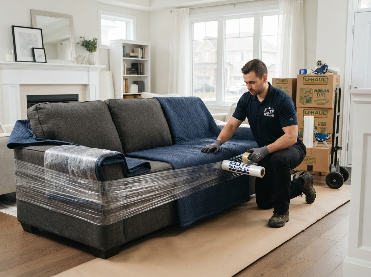 Job-Haul movers wrapping a large sofa with moving blankets and shrink wrap in Vaughan