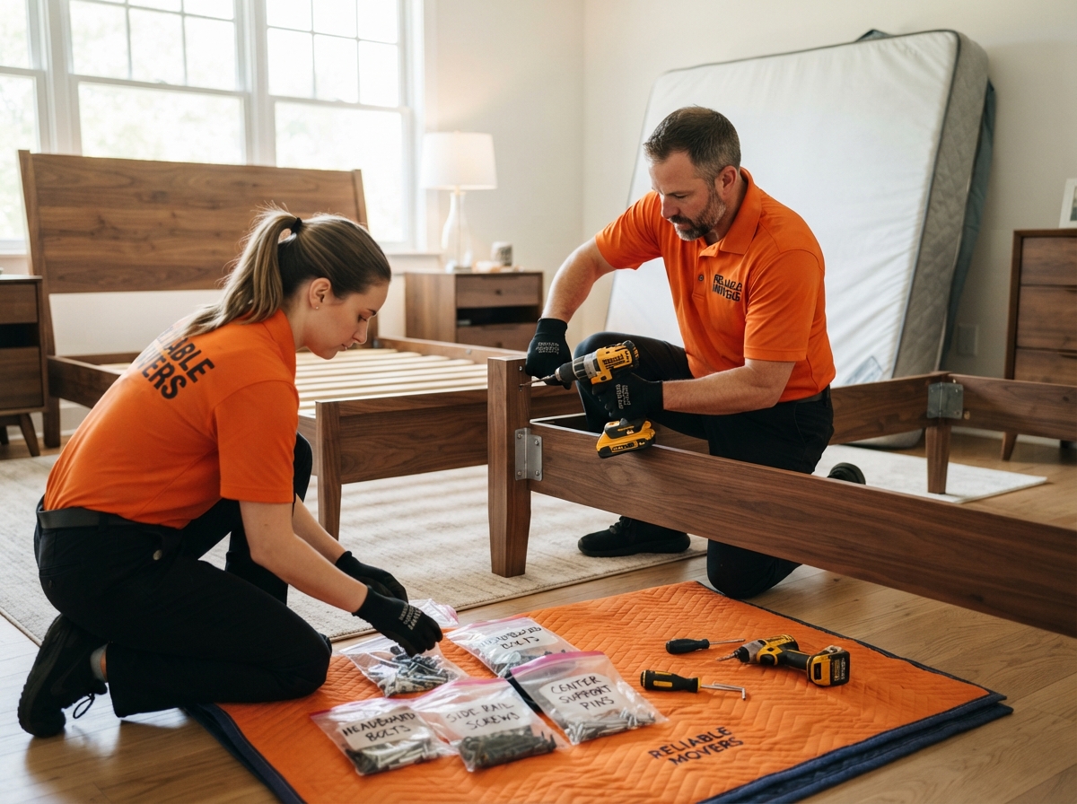 Job-Haul movers disassembling a wooden bed frame with a power drill in a Vaughan bedroom