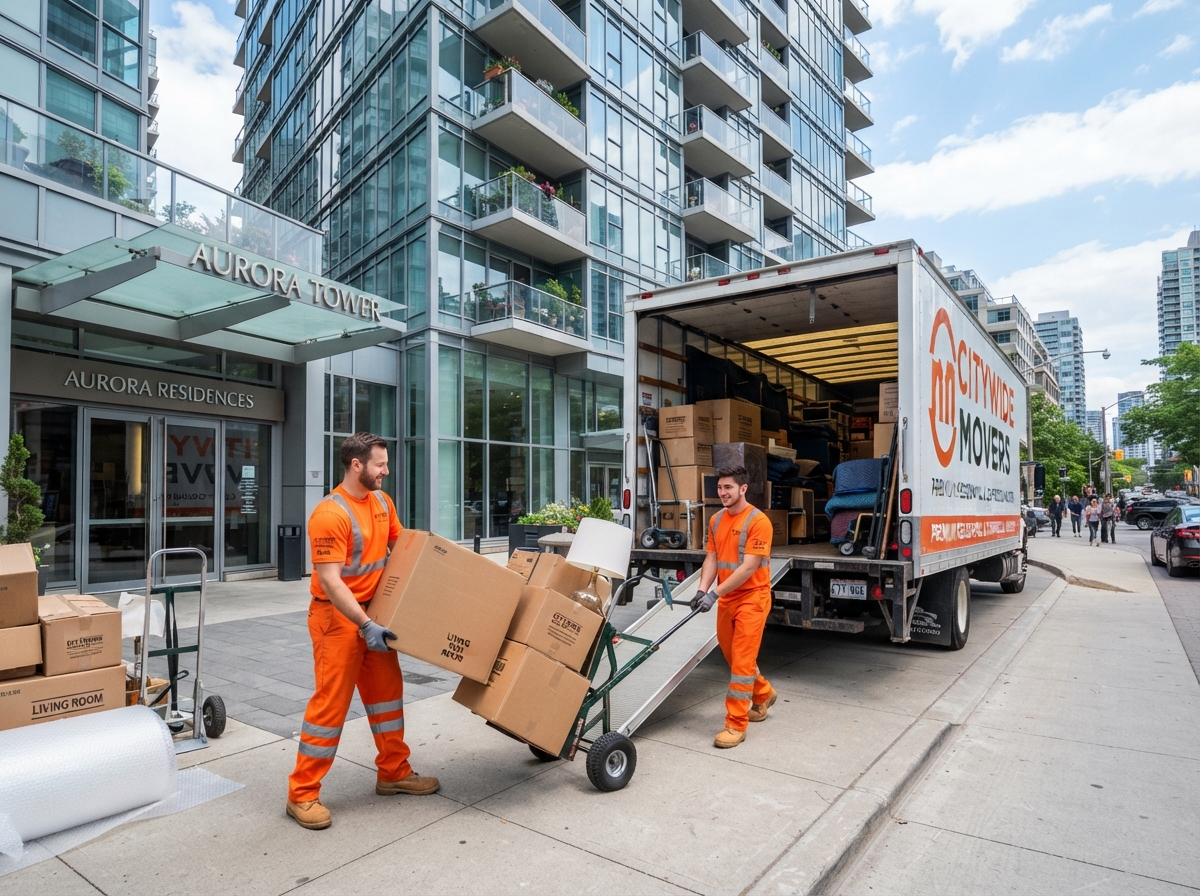Job-Haul movers loading a truck outside a modern condo building in Vaughan