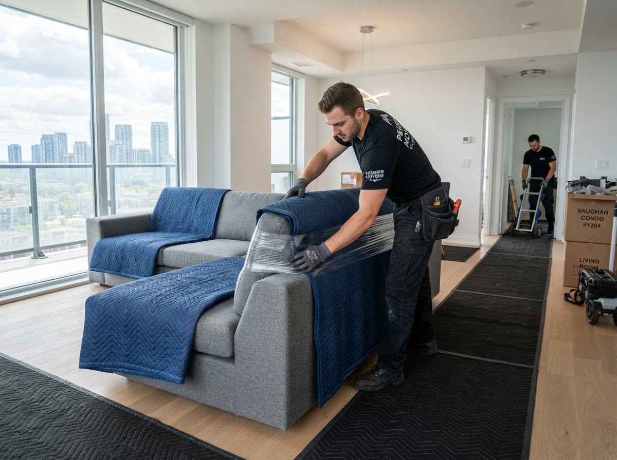 Job-Haul movers wrapping a sofa with moving blankets inside a Vaughan one-bedroom condo unit