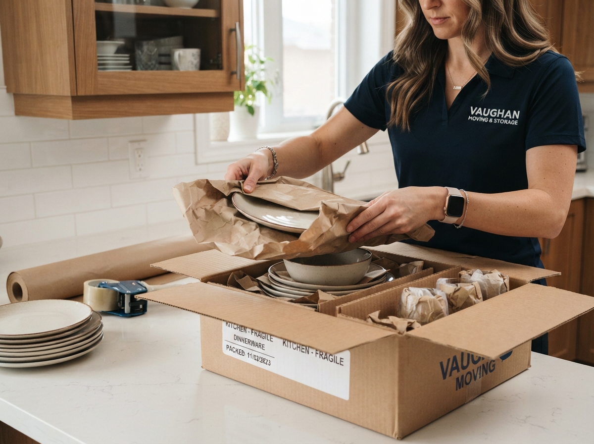 Job-Haul packers carefully wrapping kitchen dishes and glassware with packing paper in Vaughan
