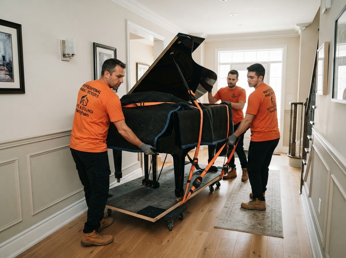 Job-Haul movers carefully transporting a full grand piano on a specialized piano board with straps in a Vaughan home