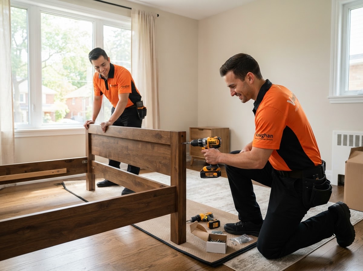 Job-Haul movers assembling a wooden bed frame with power tools in a Vaughan home