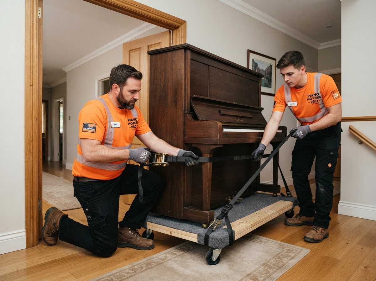 Job-Haul movers strapping an upright piano to a piano board skid with heavy-duty straps in a Vaughan home