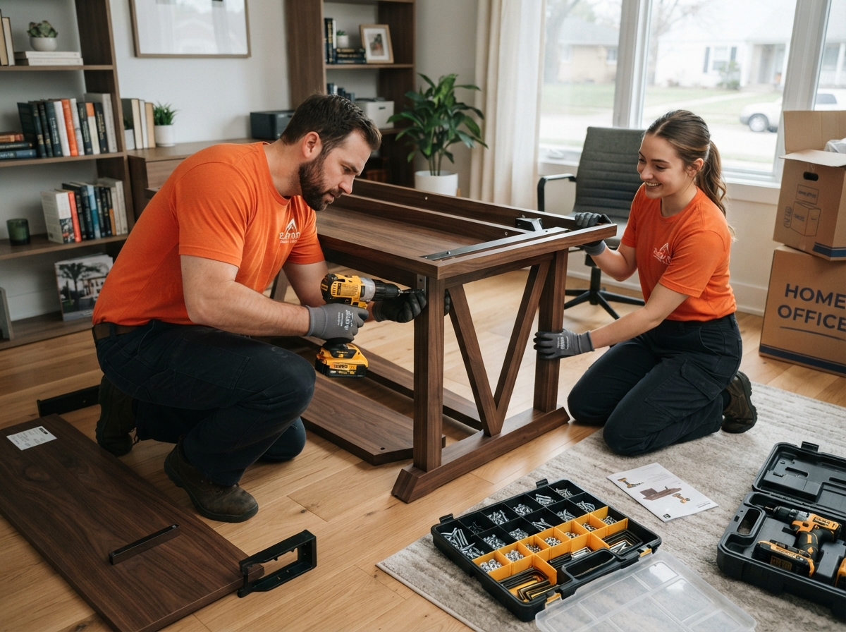 Job-Haul movers reassembling a wooden desk with a power drill in a Vaughan home office