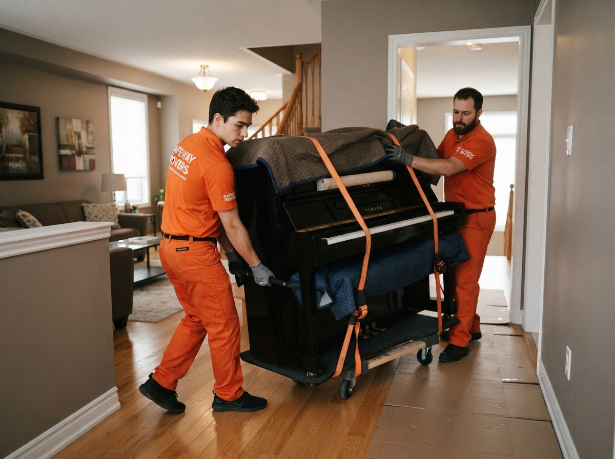 Job-Haul movers carefully moving an upright piano on a piano skid board in a Vaughan home