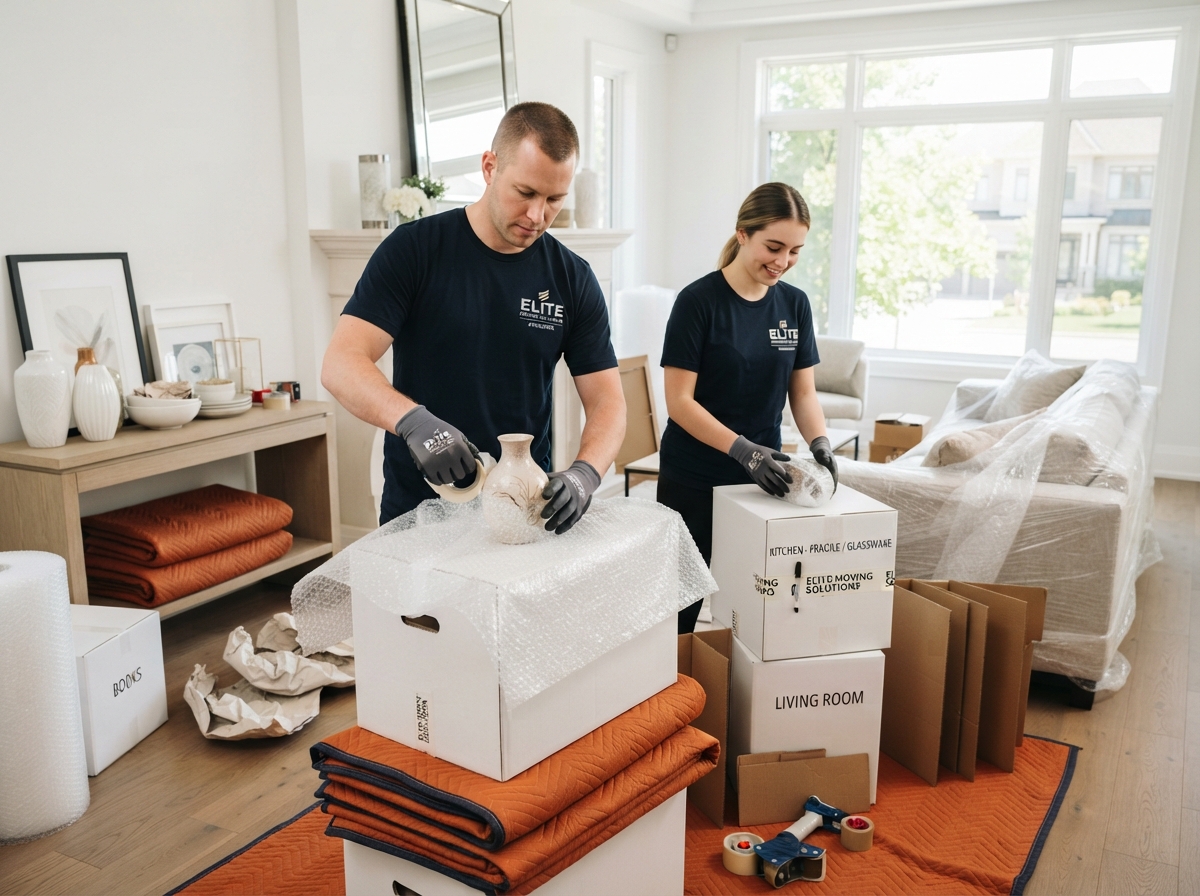 Job-Haul packers wrapping fragile items and boxing belongings in a Vaughan home