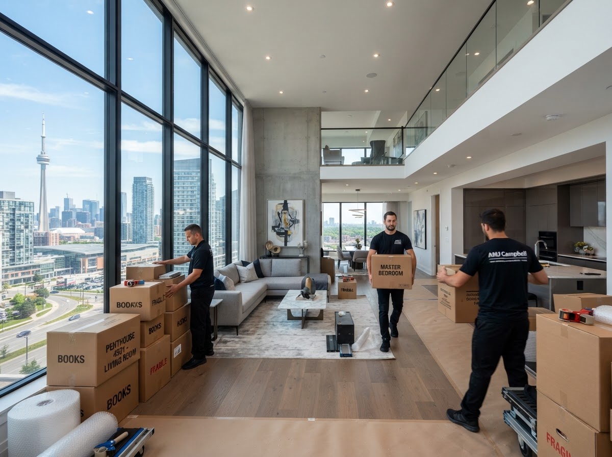 Modern luxury penthouse condo interior with moving boxes stacked neatly in Vaughan