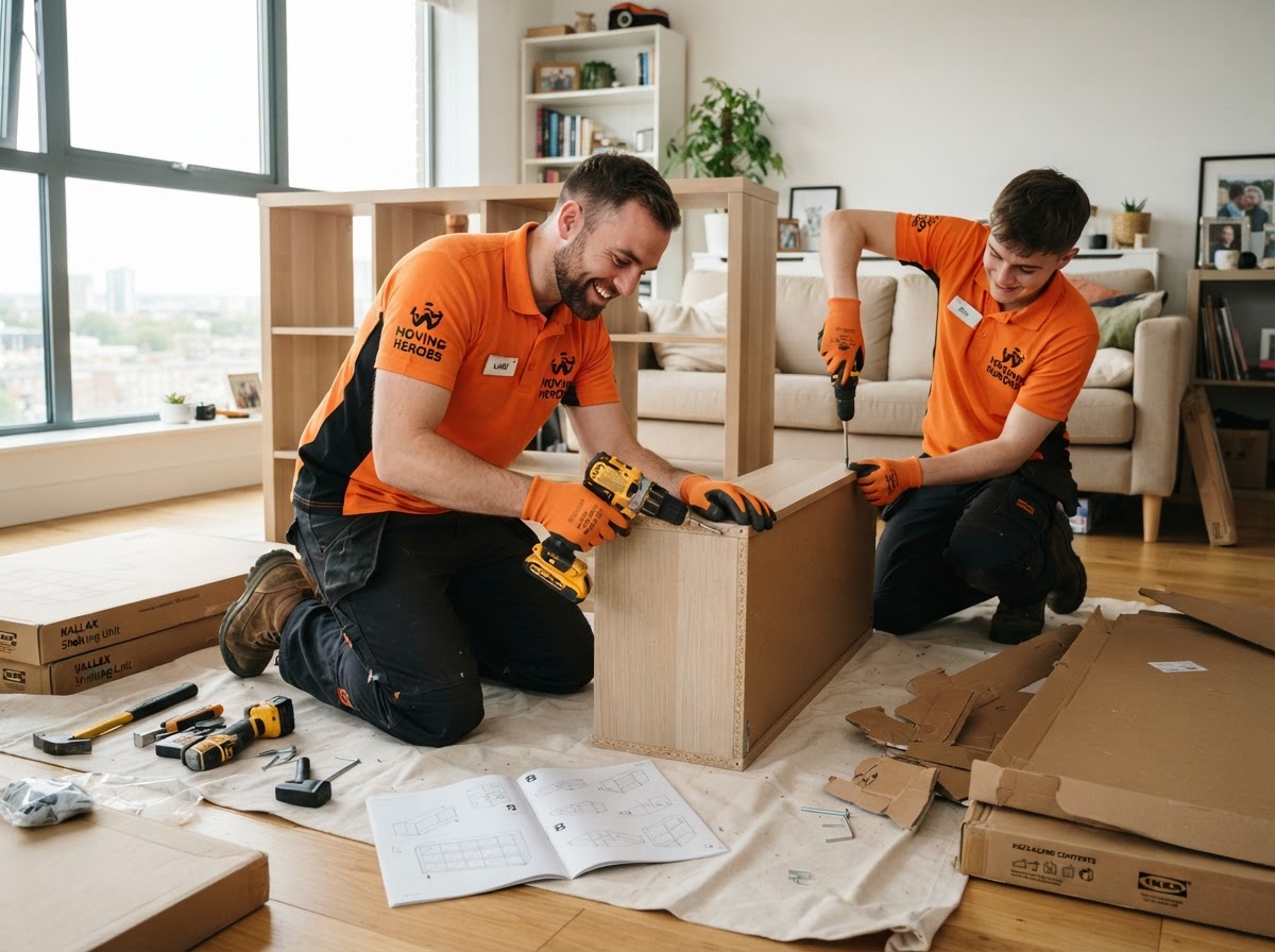 Job-Haul movers assembling new flat-pack furniture from boxes in a Vaughan living room
