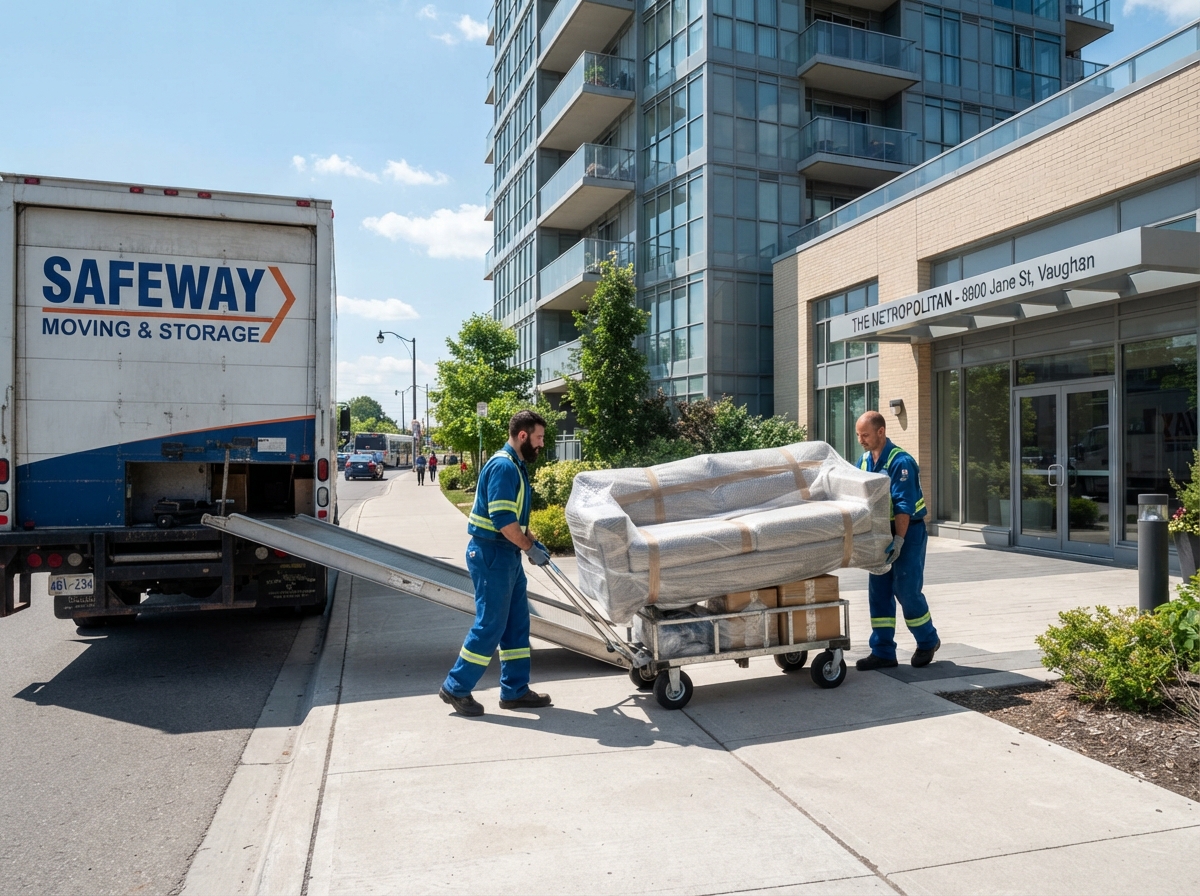 Job-Haul movers loading wrapped furniture on a dolly outside a Vaughan condo building during a local move