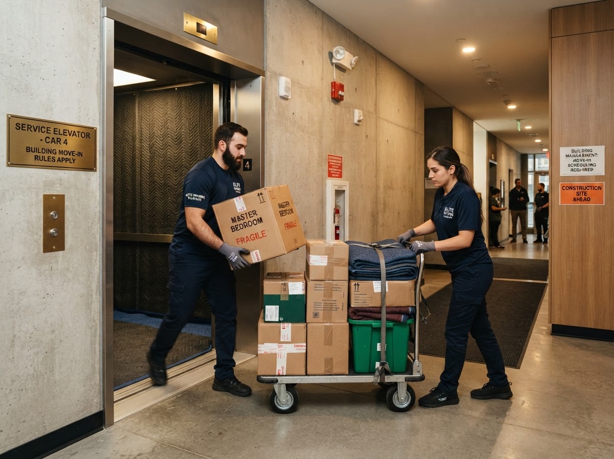 Job-Haul movers using a service elevator to load boxes on a dolly in a Vaughan condo building