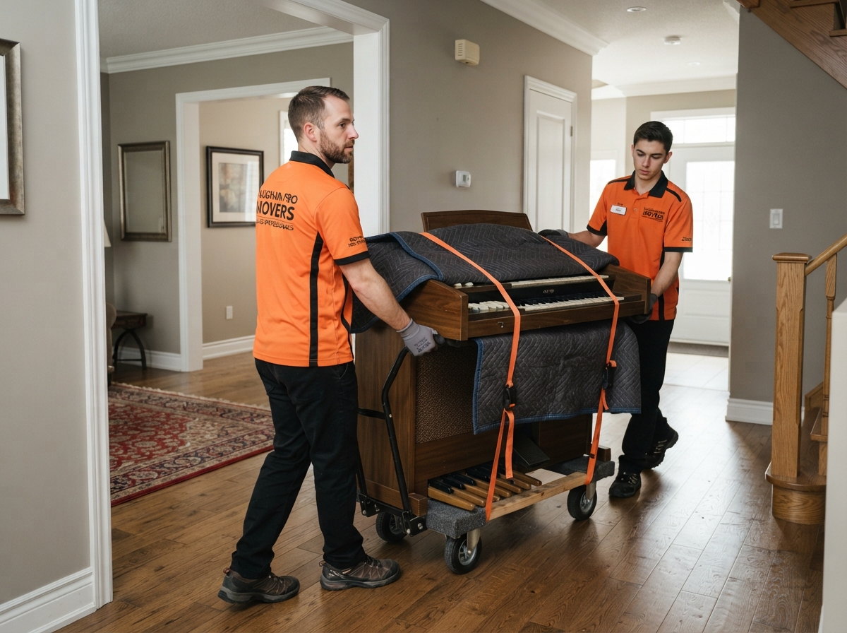 Job-Haul movers carefully moving a home organ with padding and dolly in a Vaughan residence