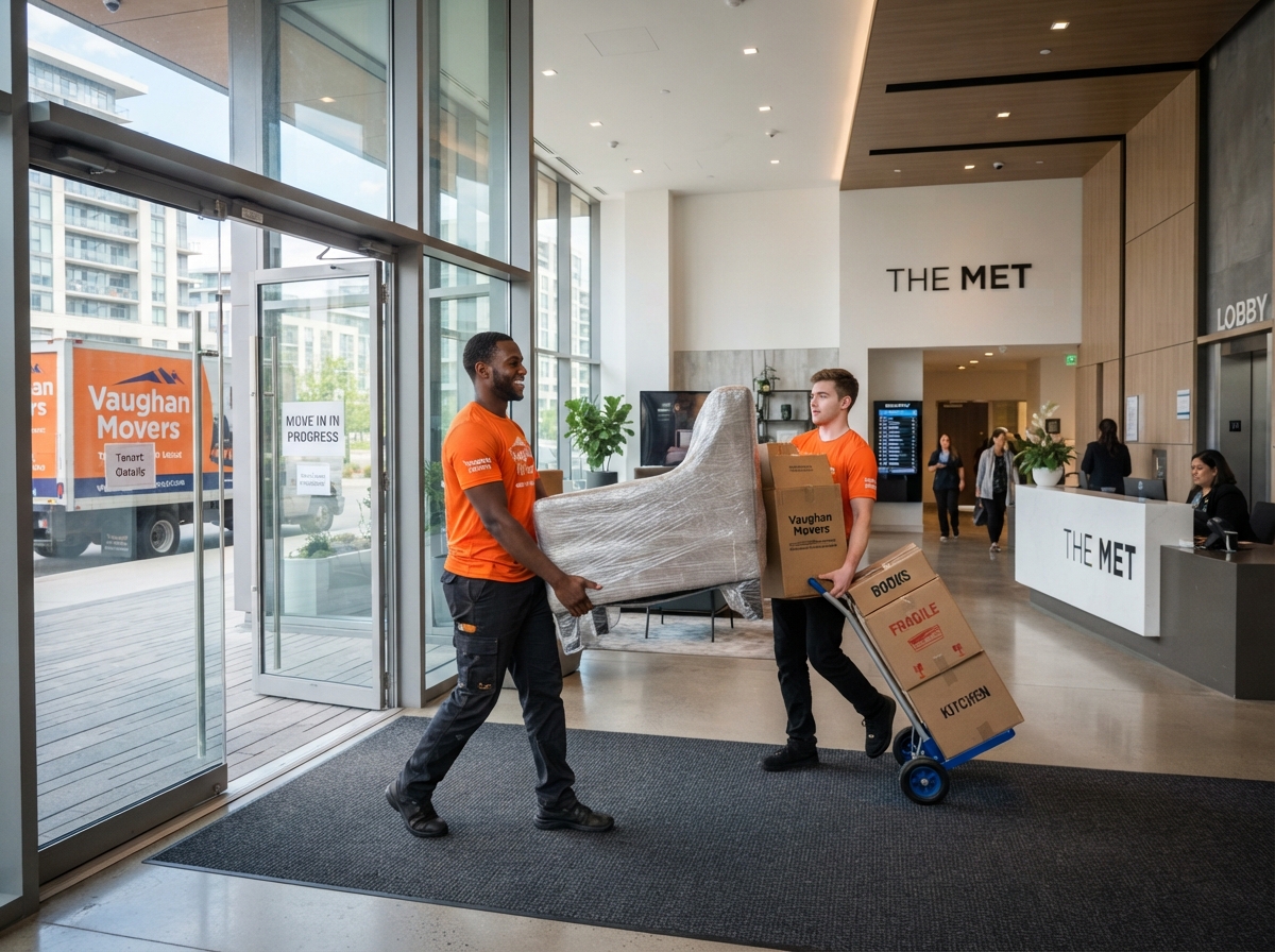 Job-Haul movers carrying furniture and boxes into a Vaughan apartment building during a local move