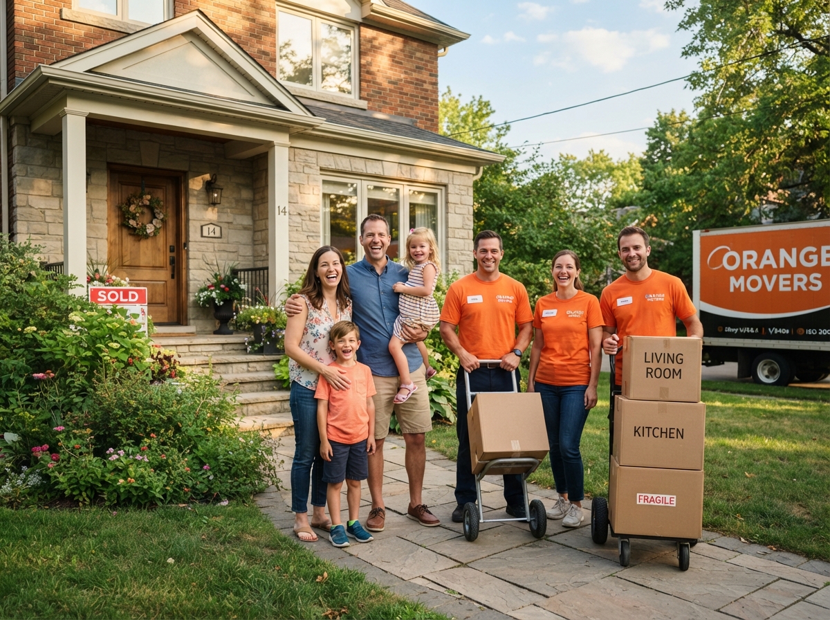 A happy family with Job-Haul movers outside their new home in Vaughan