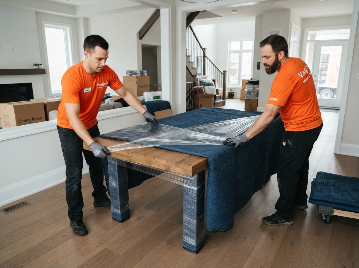 Job-Haul movers wrapping a dining table with moving blankets inside a Vaughan home before a local move