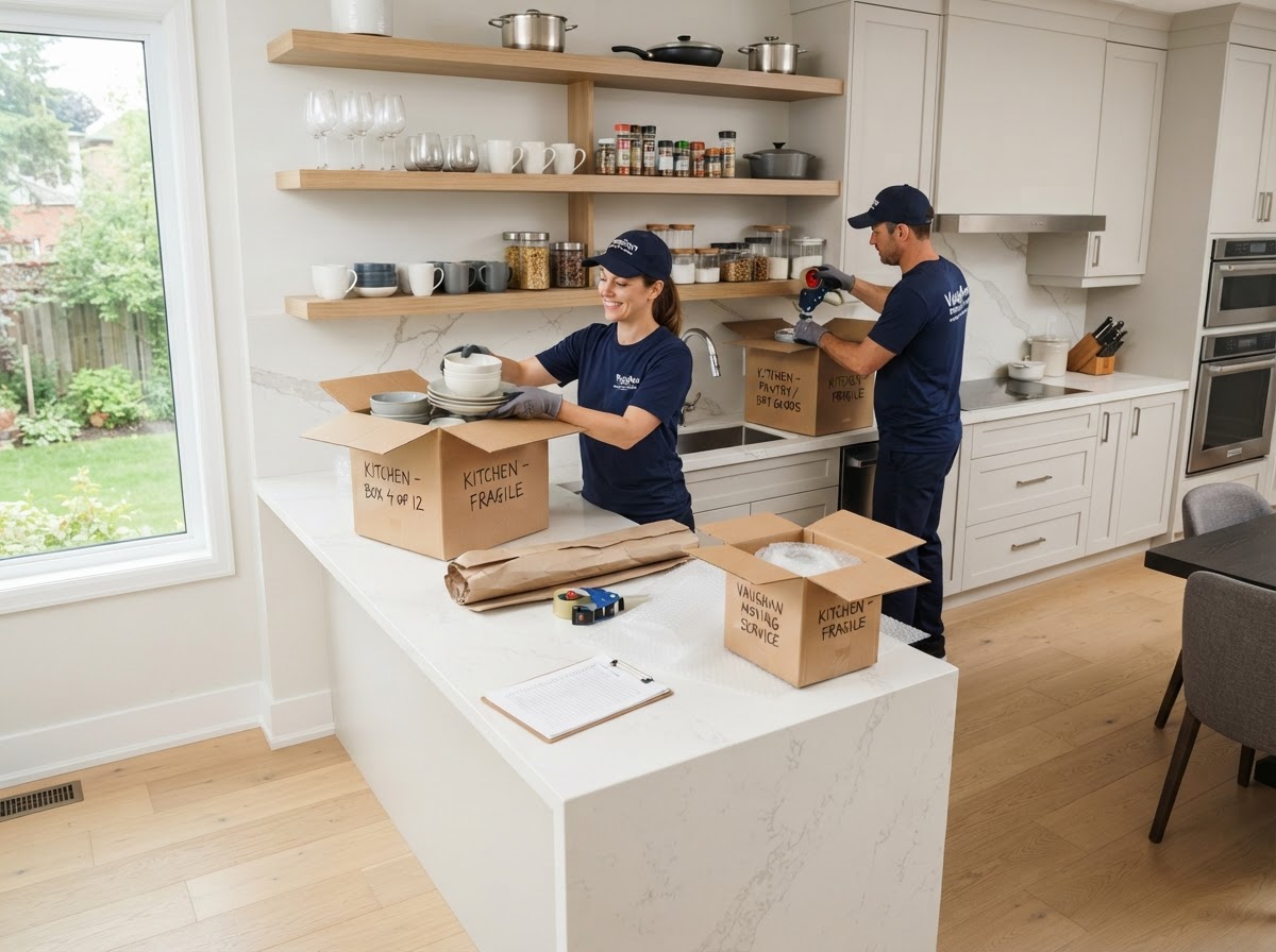 Job-Haul movers unpacking labeled boxes and placing items in a new Vaughan home