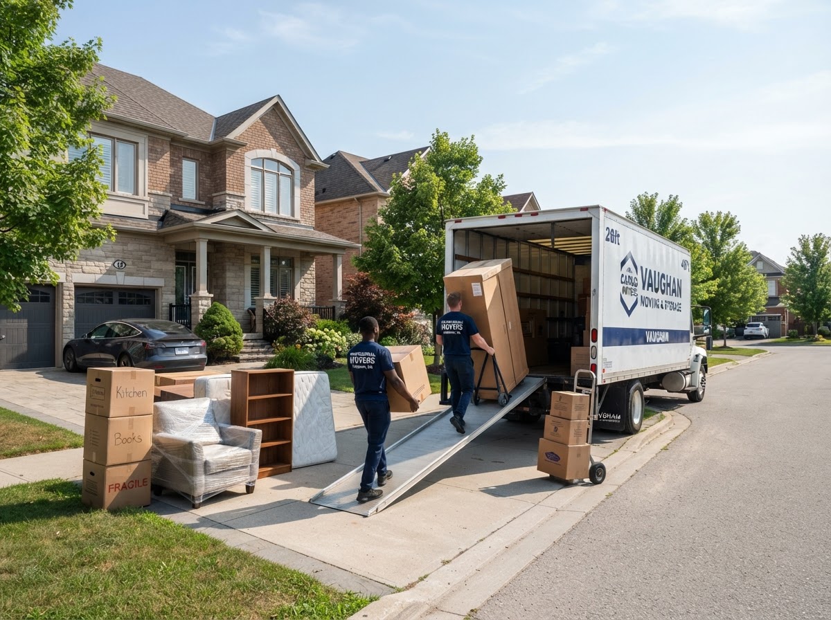 Job-Haul movers loading furniture and boxes into a truck from a detached house driveway in Vaughan