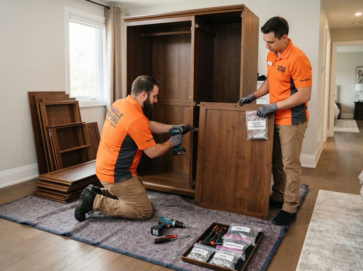 Job-Haul movers breaking down a large wooden wardrobe with labeled hardware bags in a Vaughan home