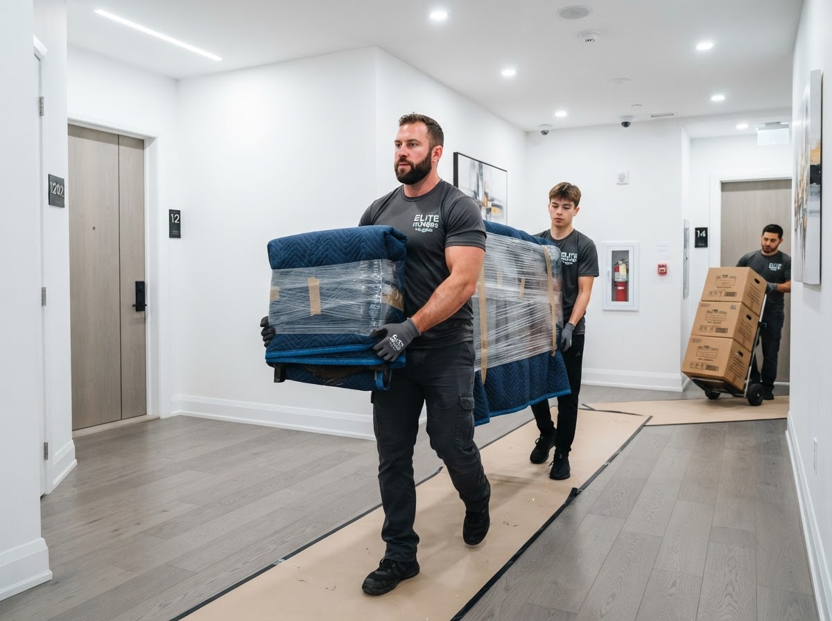 Job-Haul movers carrying boxes and furniture through a modern condo building hallway in Vaughan