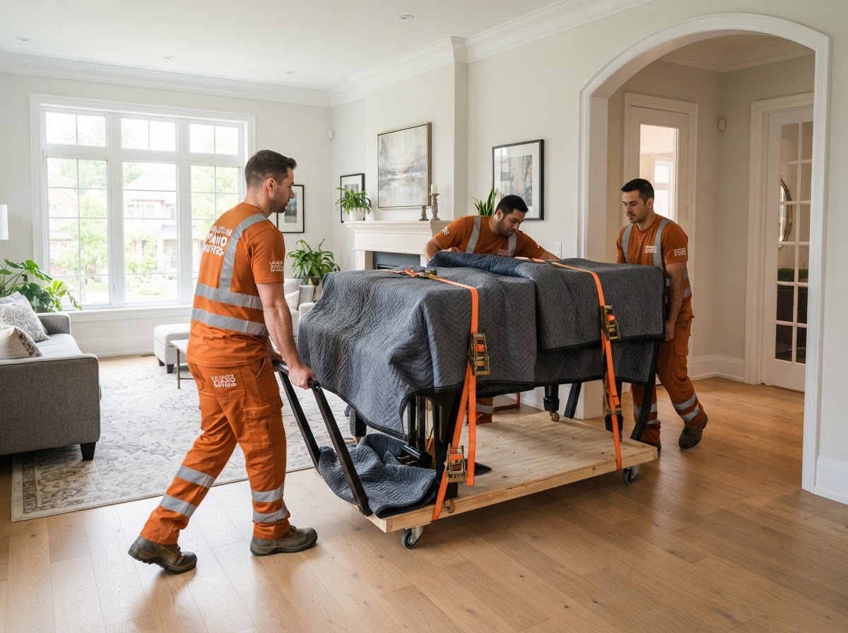 Job-Haul movers moving a baby grand piano with legs removed on a piano skid board in a Vaughan home