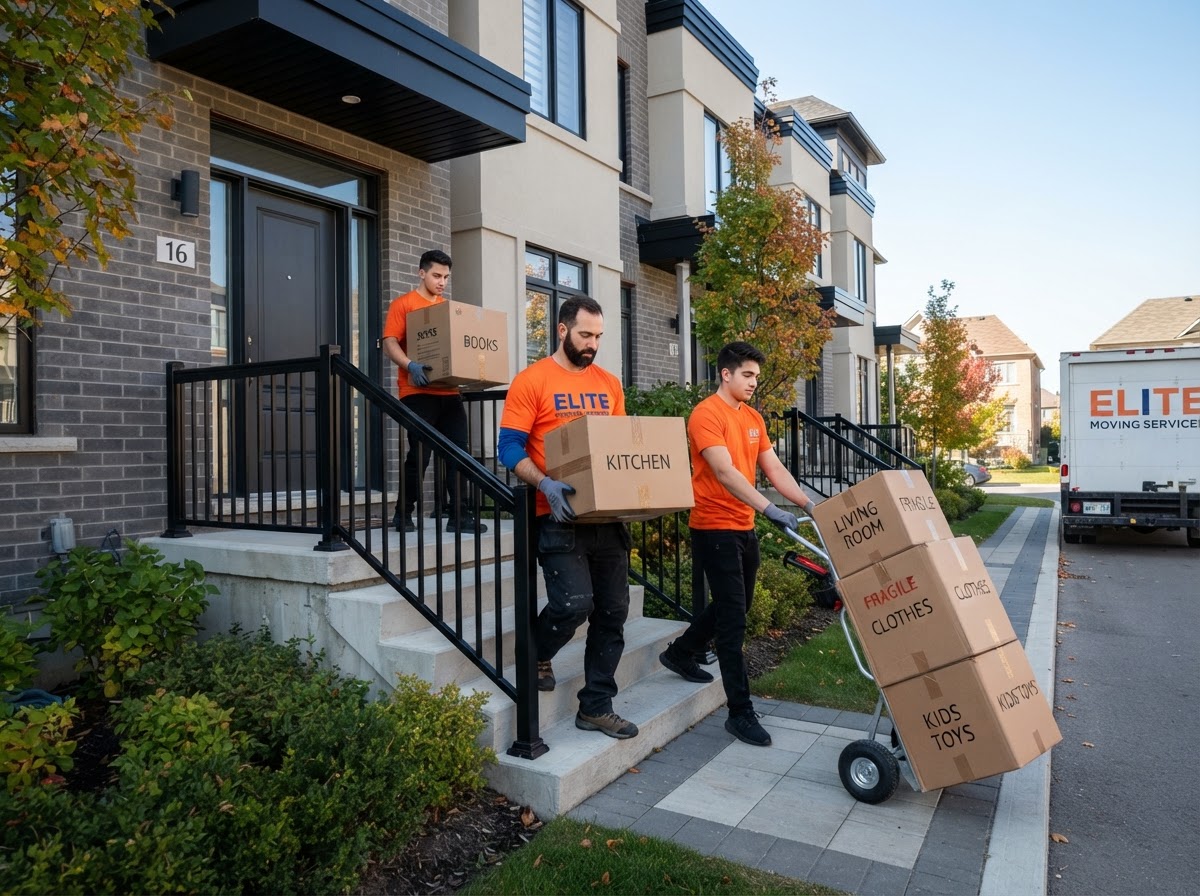 Job-Haul movers carrying boxes down the front steps of a Vaughan townhouse during a local move