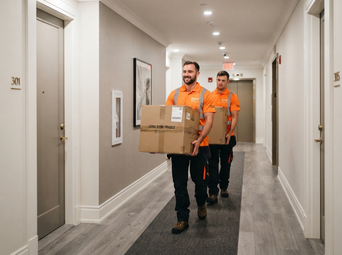 Job-Haul movers carrying boxes through an apartment building hallway in Vaughan
