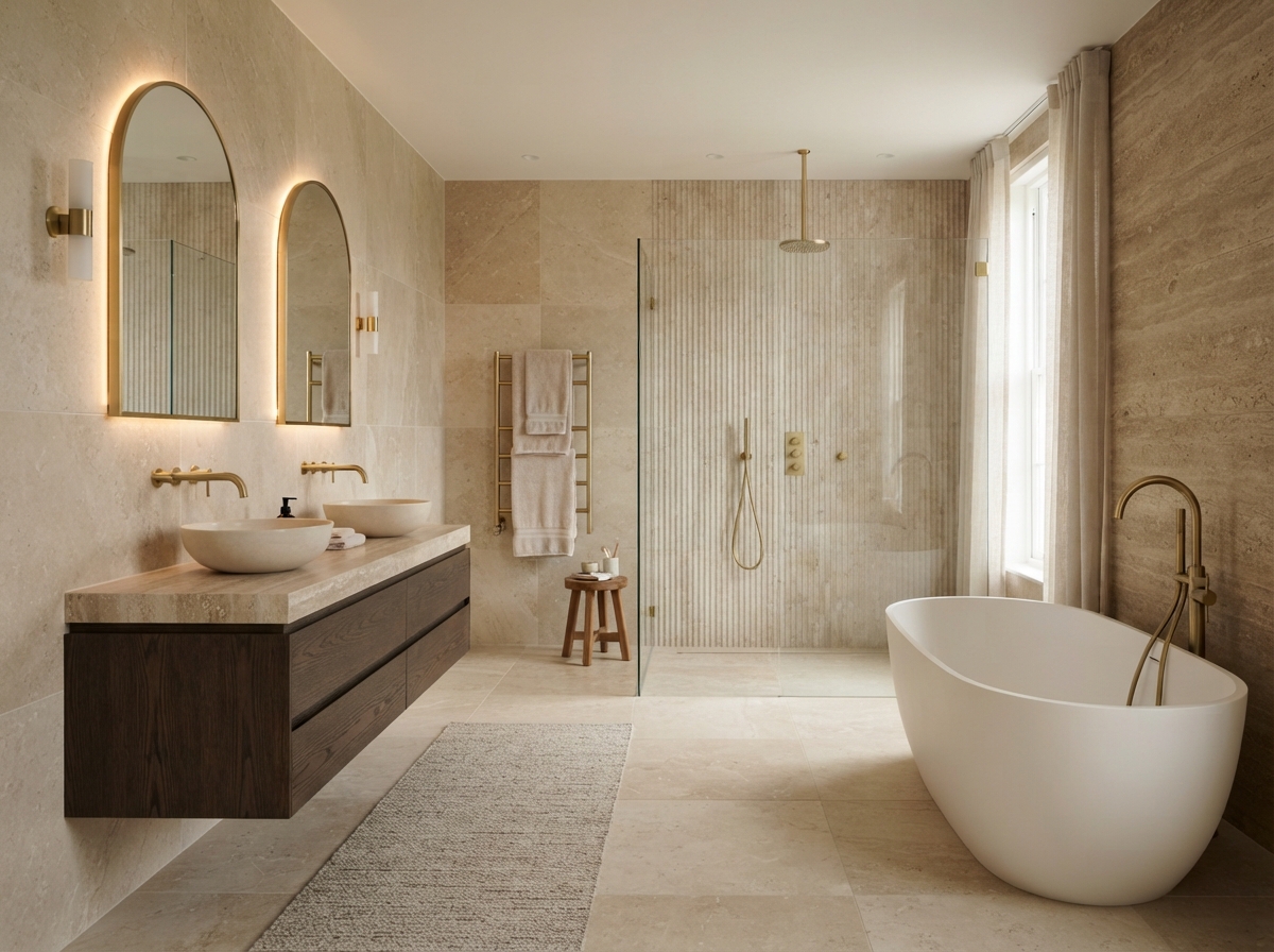 High-end completed bathroom with premium tiling, walk-in shower and modern gold fittings
