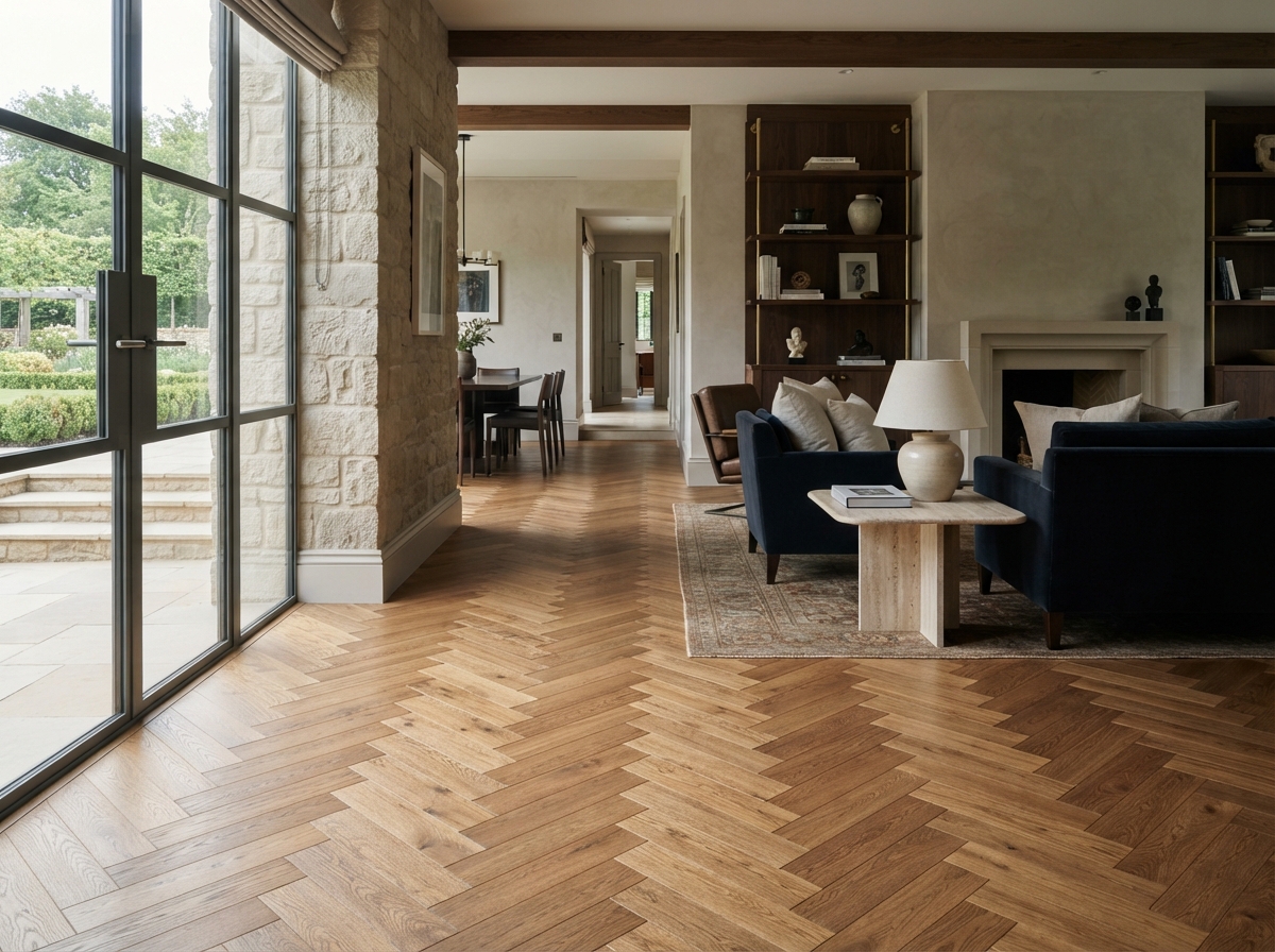 Professional engineered herringbone parquet wood flooring installation in a finished interior