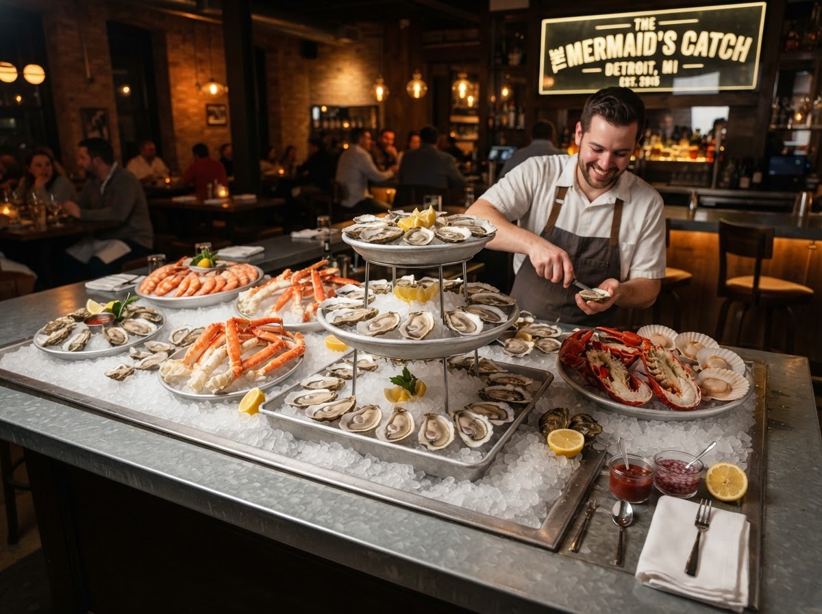 Interior of Oak & Reel, a contemporary Italian seafood restaurant in Milwaukee Junction, Detroit