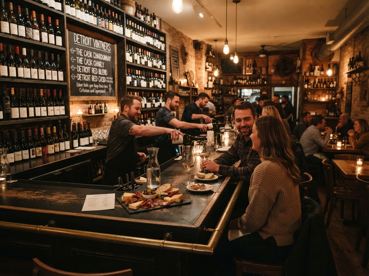 Interior of Vesper Books & Wine, a cookbook shop and wine bar in Core City Detroit