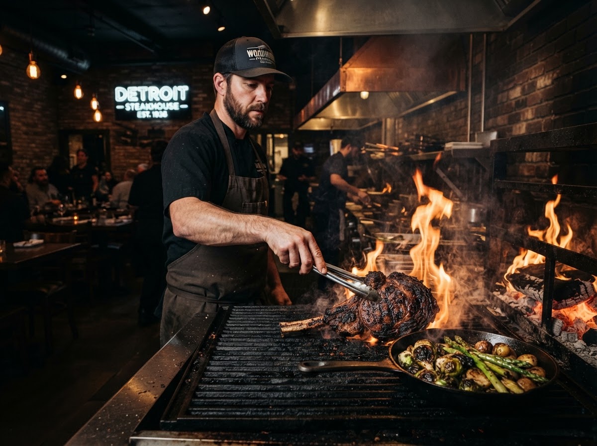 BARDA restaurant interior with wood-burning grill in Core City, Detroit