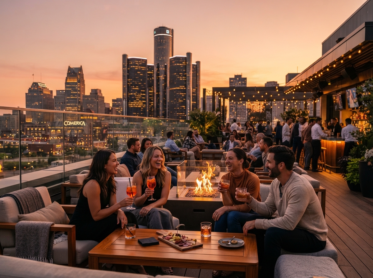 Rooftop lounge at Kamper’s atop the Book Tower with downtown Detroit skyline views