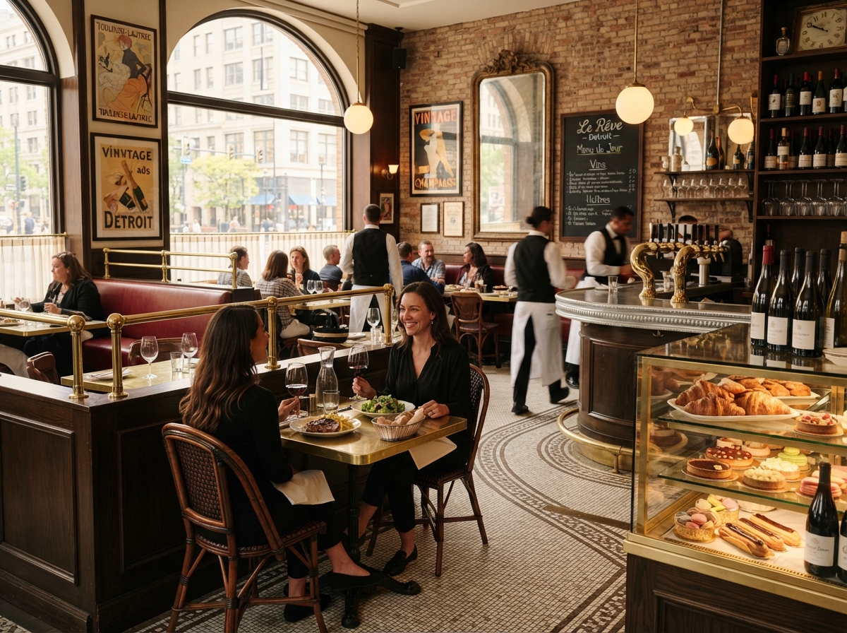 Elegant Parisian-style interior of Le Suprême brasserie in the Book Tower, Detroit