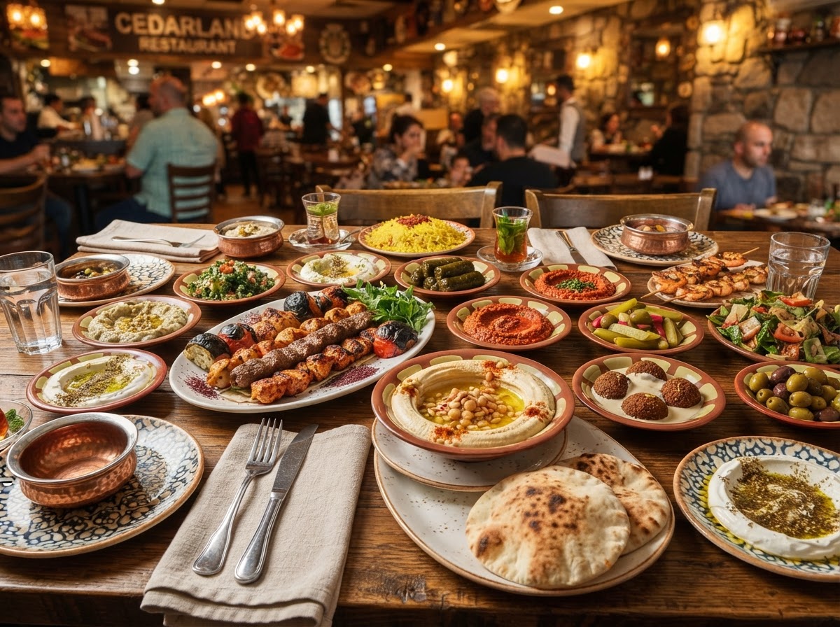 Warm candlelit dining room and Mediterranean dishes at Phoenicia in downtown Birmingham, Michigan