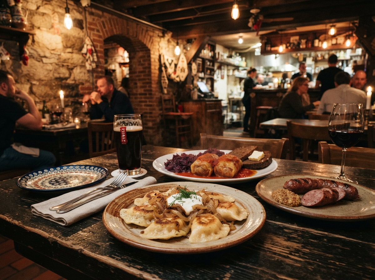 Plates of handmade pierogi and Polish sausage inside Polish Village Cafe basement in Hamtramck
