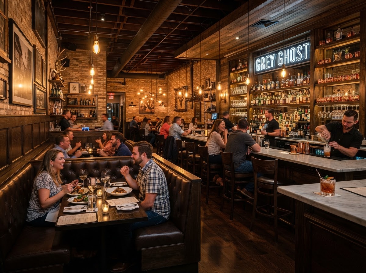 Grey Ghost Detroit exterior and interior dining