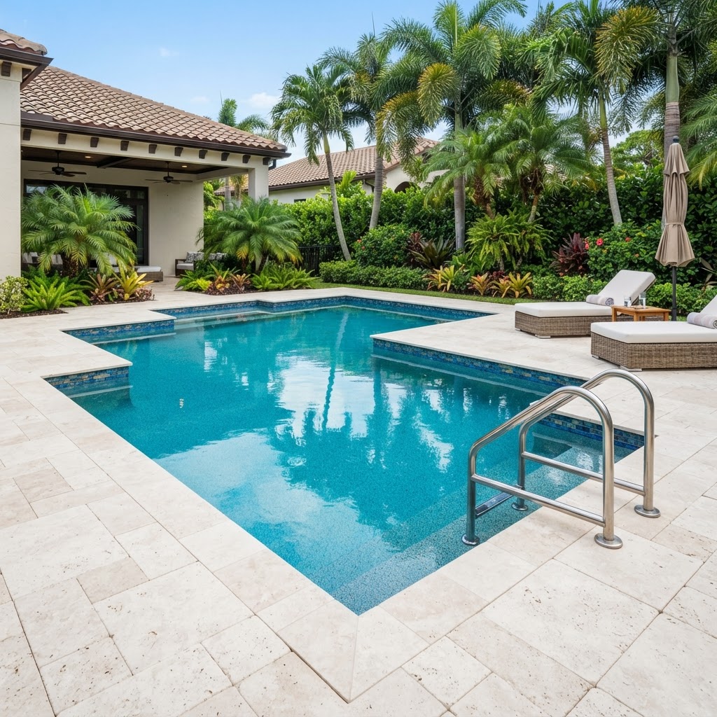 Resurfaced luxury swimming pool with PebbleTec finish and glass tile in Pinellas County, Florida