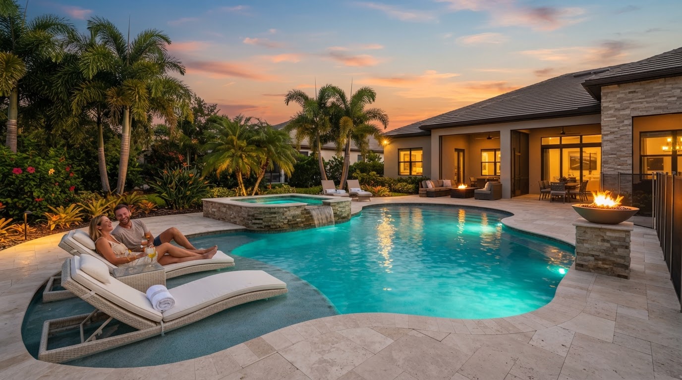 Plankey Custom Pools luxury pool build with raised spa, sun shelf and ivory travertine patio in Pinellas County, Florida
