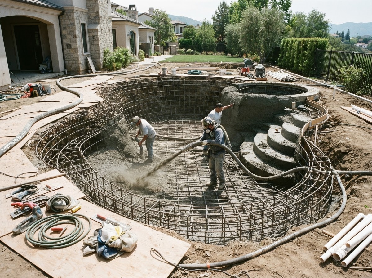 Plankey Custom Pools construction process — steel rebar and shotcrete stages that affect inground pool cost in Florida