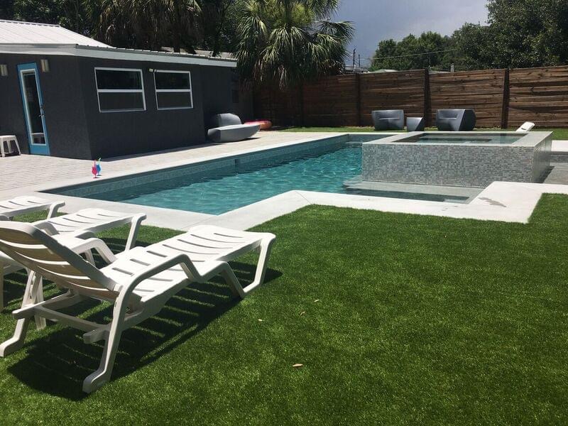 Modern Rectangular Pool with Raised Mosaic Spa & Turf — Tampa, FL