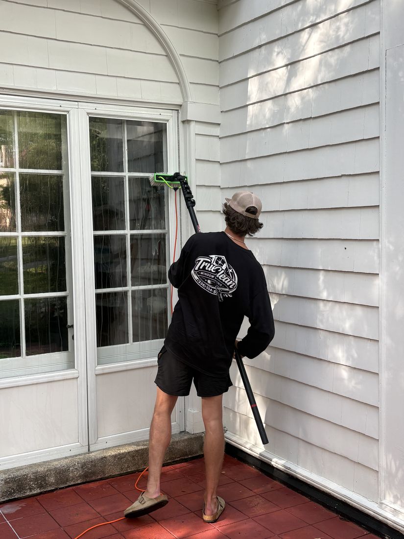 TrueClean technician cleaning windows from ground level with a water-fed pole