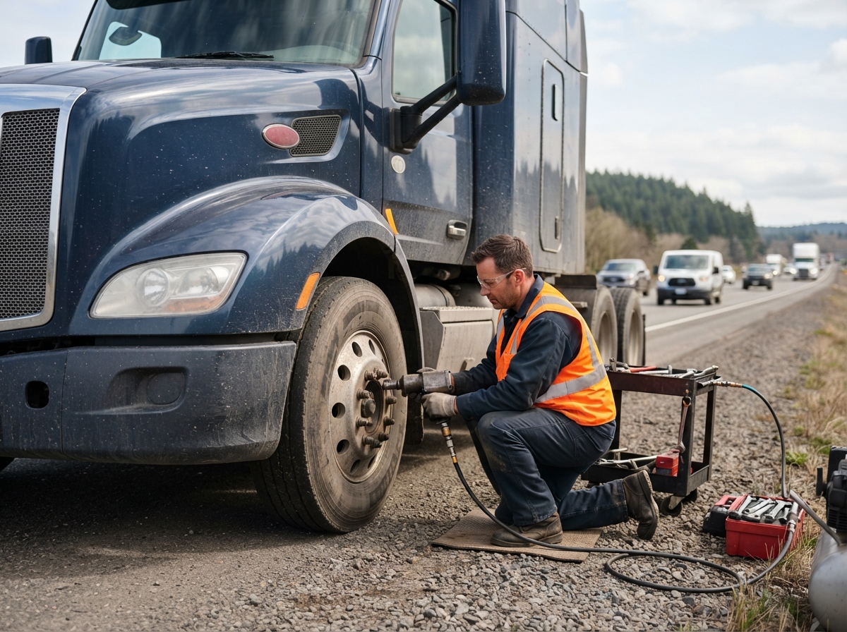 Mechic working on an American conventional semi truck tire at the roadside