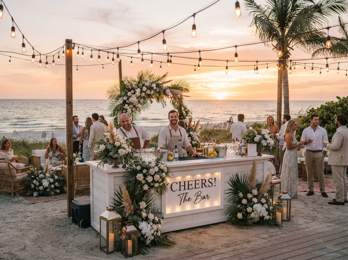 Elegant outdoor coastal wedding bar setup at golden hour